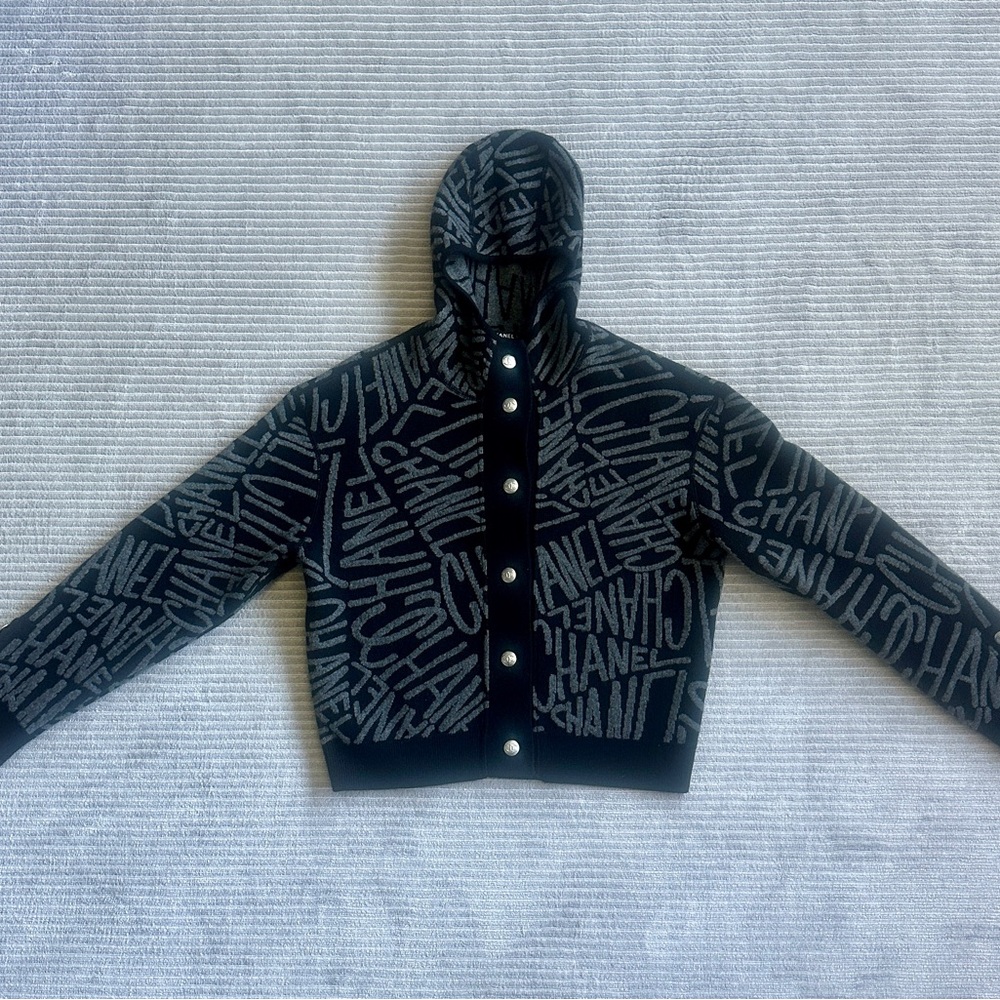 CHANEL Black and Gray Logo Hooded Jacket